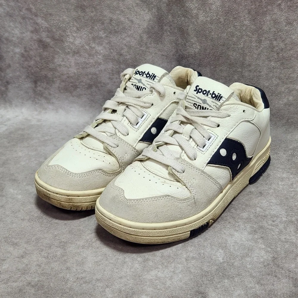 Saucony Spot-bilt Sonic Low Cream Navy Leather Suede Sneakers Mens 6 Womens 7.5